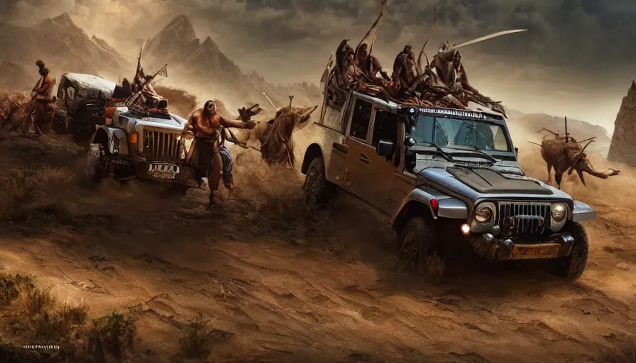 Prompt: mahindra thar, tribe members attacking, action scene, an epic fantasy, dramatic lighting, cinematic, establishing shot, extremely high detail, photorealistic, cinematic lighting, artstation, by christopher nolan, horizon forbidden west