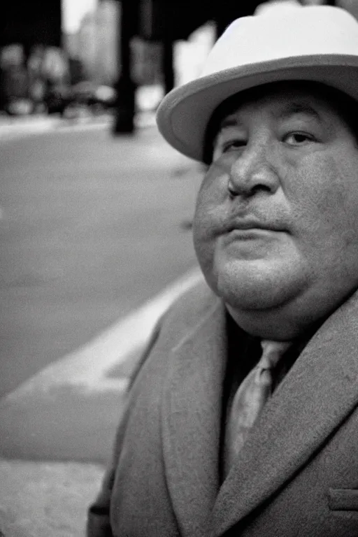 Image similar to close-up film photography 1970s, portrait of fat man in white hat, New York City, soft light, 35mm, film photo, Joel Meyerowitz