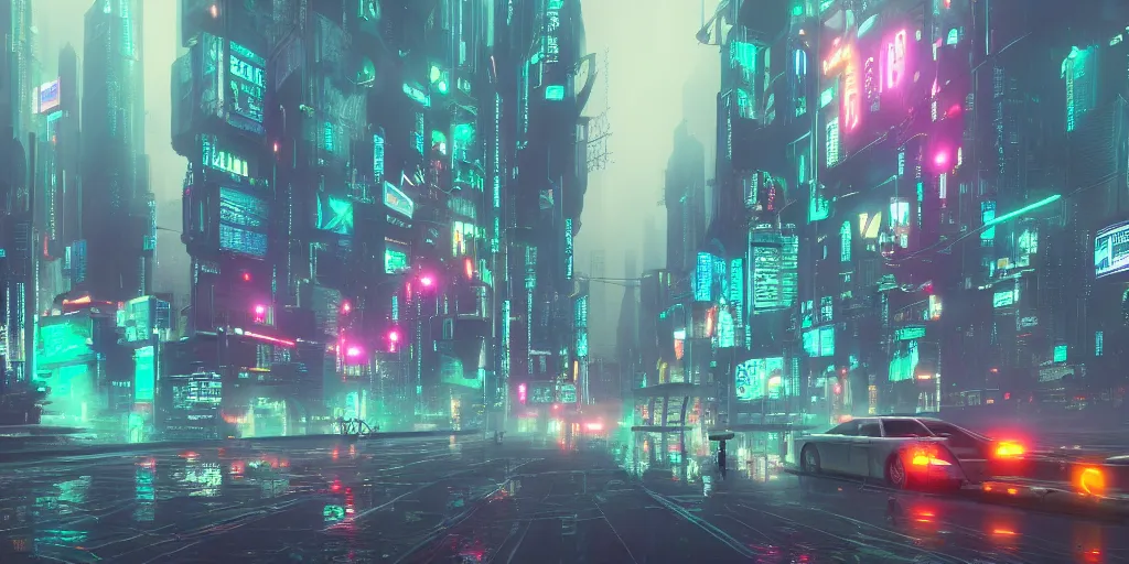 Image similar to i, a cyberpunk city, mist, rain, neon light, giant aircrafts, high definition, trending on artstation