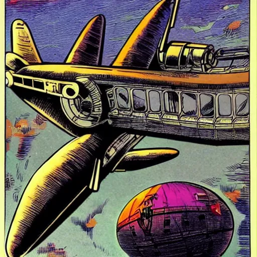 Image similar to steampunk flying air-ship conceot art, design art by Dave Gibbons, Jack Kirby, Will Eisner