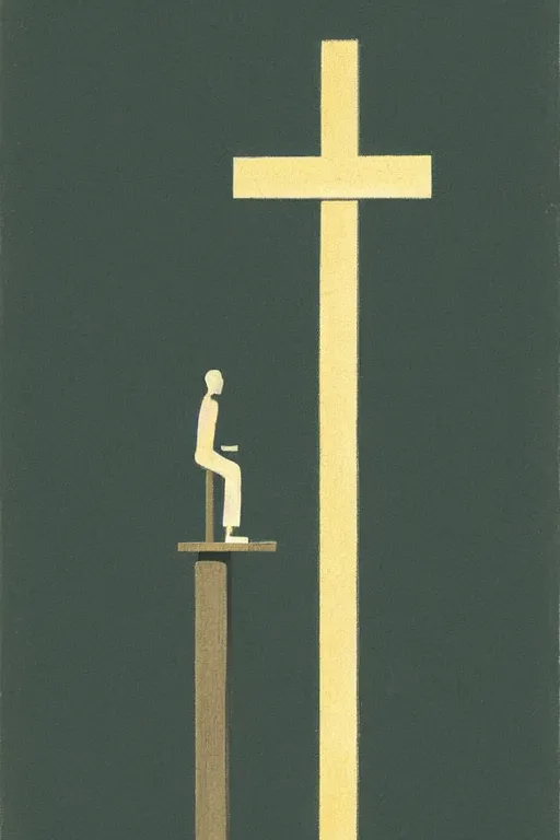 Image similar to man kneeling at the base of a wooden cross, 1960’s minimalist advertising illustration, painterly