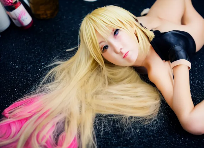 Prompt: Blonde anime girl laying on the floor drunk. Bottles are scattered around the floor.