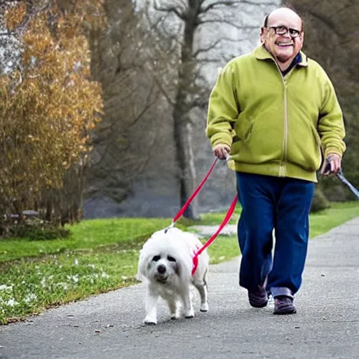 Image similar to a dog that looks like danny devito going for a walk in the park with its owner