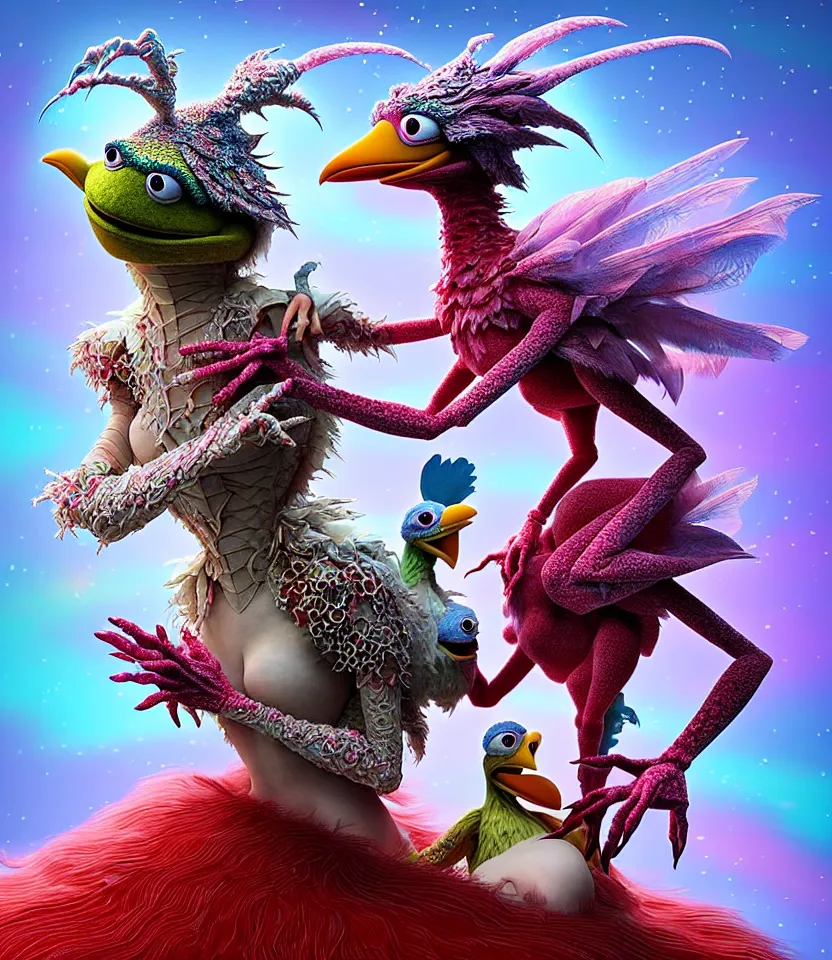 Image similar to hyper detailed 3d render like a Oil painting - kawaii portrait of hopeful lovers hugging tight or kissing pecking adorably Aurora (a beautiful girl skeksis muppet fae princess protective playful expressive acrobatic from dark crystal that looks like Anya Taylor-Joy) seen red carpet photoshoot in UVIVF posing in scaly dress to Eat of the Strangling network of yellowcake aerochrome and milky Fruit and His delicate Hands hold of gossamer polyp blossoms bring iridescent fungal flowers whose spores black the foolish stars by Jacek Yerka, Ilya Kuvshinov, Mariusz Lewandowski, Houdini algorithmic generative render, golen ratio, Abstract brush strokes, Masterpiece, Edward Hopper and James Gilleard, Zdzislaw Beksinski, Mark Ryden, Wolfgang Lettl, hints of Yayoi Kasuma and Dr. Seuss, Grant Wood, octane render, 8k