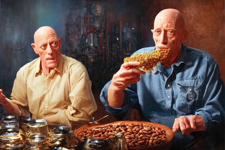 Image similar to portrait of michael berryman sharing eating a can of beans, an oil painting by ross tran and thomas kincade
