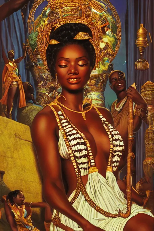 Prompt: an african goddess queen in a temple by gil elvgren and norman rockwell and rob gonsalves and hajime sorayama, hyperrealistic, high detail