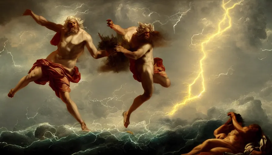 Image similar to baroque painting of zeus throwing lightning bolts on poseidon, hyperdetailed, artstation, cgsociety, 8 k