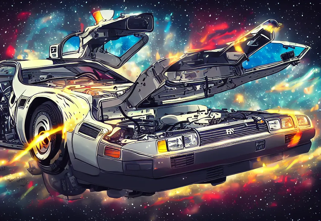 Prompt: An anime art of delorean, digital art, 8k resolution, anime style, lowrider style, wide angle