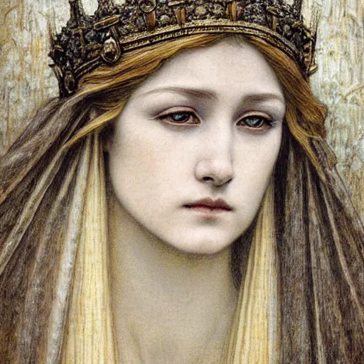 Image similar to detailed realistic beautiful young medieval queen face portrait by jean delville, gustave dore and marco mazzoni, art nouveau, symbolist, visionary, gothic, pre - raphaelite