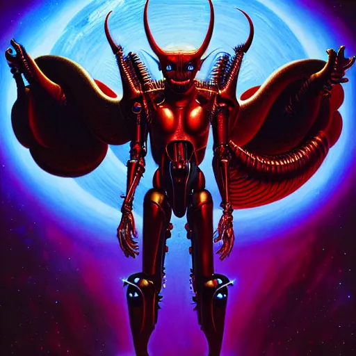 Prompt: UHD photorealistic studio portrait of a cosmic cyborg Devil with hyperrealistic Devil wings, futuristic robot devil, exotic alien features, robotic enhancements, Tim Hildebrandt, Wayne Barlowe, Bruce Pennington, donato giancola, larry elmore, Lisa Frank, masterpiece, trending on artstation, , cinematic composition, dramatic pose, studio lighting, sharp, crisp detail, hyper-detailed