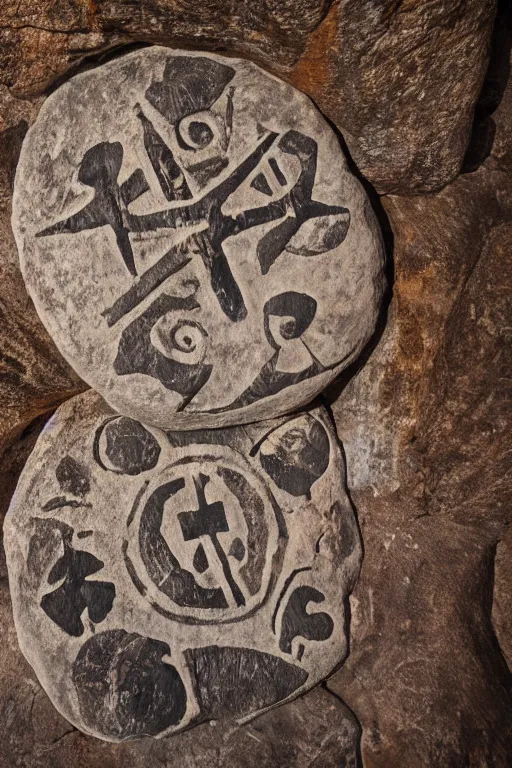 Image similar to 4 k photography of petroglyphs representing crosses, ufo, yin yang symbol on a cave