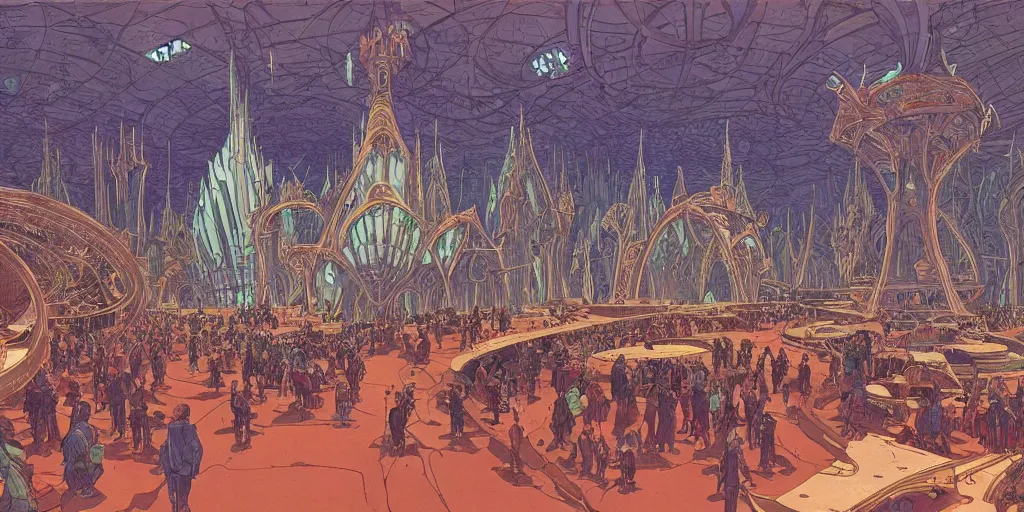 Prompt: cel shaded cinematic shot of the interior of a sci-fi space station with ornate Elven architecture bustling with people, epic castle, emerald, crystalline, detailed illustration, sharp focus, concept art by Moebius, Jean Giraud Moebius