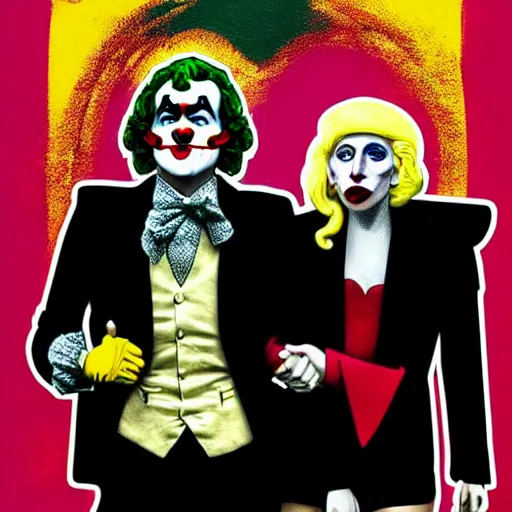 Image similar to ilya yefimovich repin and mimmo rottela and banksy as joaquin phoenix skinny joker, holding hand, lady gaga harley queen, ultra photorealistic, intricate details, pop art style, concept art, confident posse, random object details, 2 colours, warm color, 4 k, ultra smooth, sharp focus