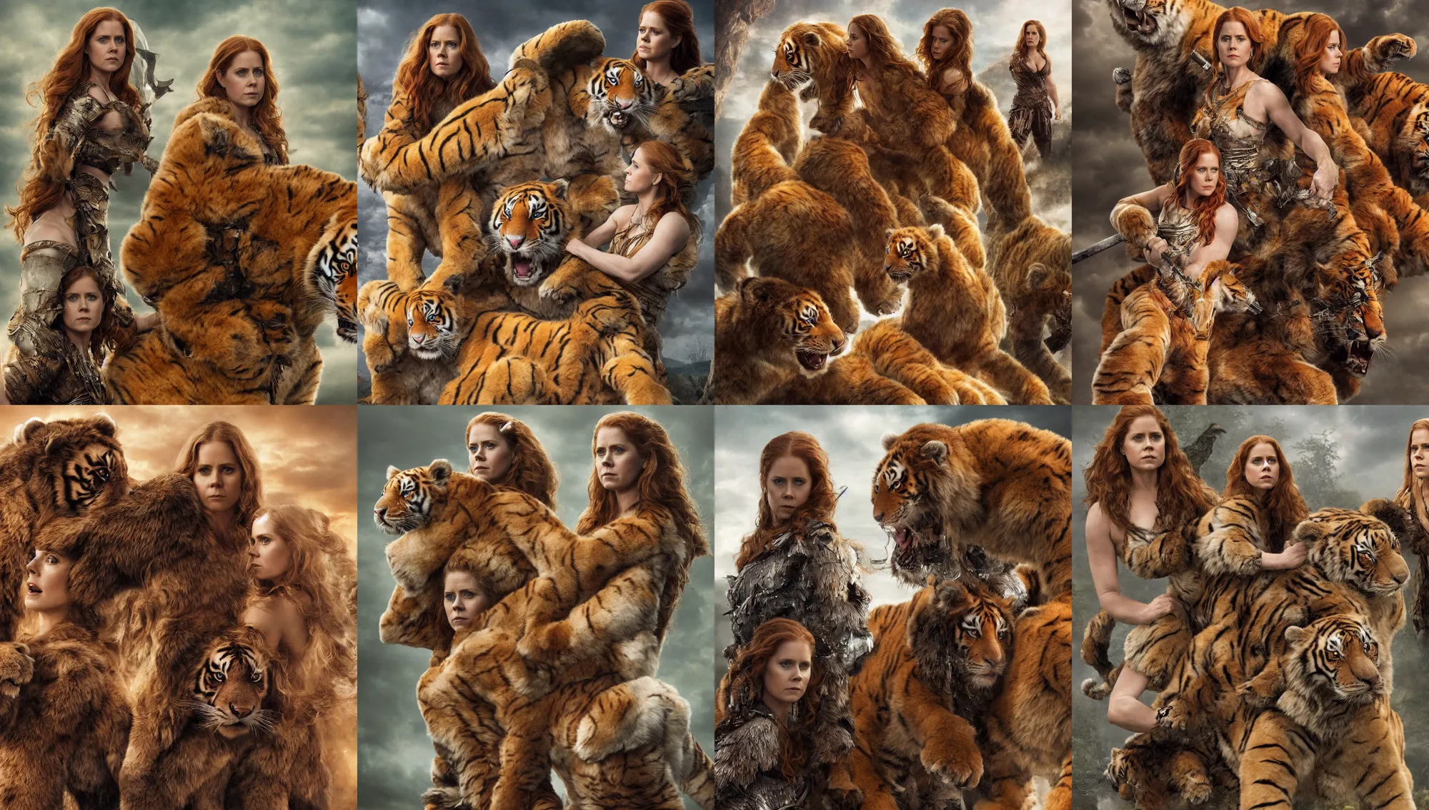 Prompt: amy adams as an amazon warrior leaning against her giant fluffy tiger, highly detailed, magali villeneuve