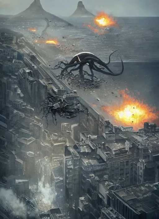 Image similar to hyper realistic squid robot attacking cape town city, table mountain explosions, atmospheric beautiful details, strong composition drawn in ink by kim jung giu weta studio rutkowski, james gurney and greg rutkowski, and lucasfilm