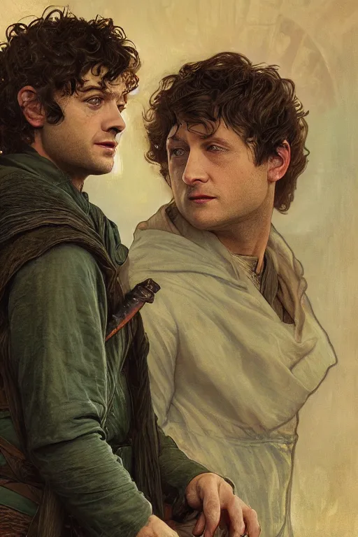 Image similar to a detailed matte portrait of jensen ackles dressed as frodo baggins and misha collins as samwise gamgee, masterpiece, 8 k, art by alphonse mucha and greg rutkowski