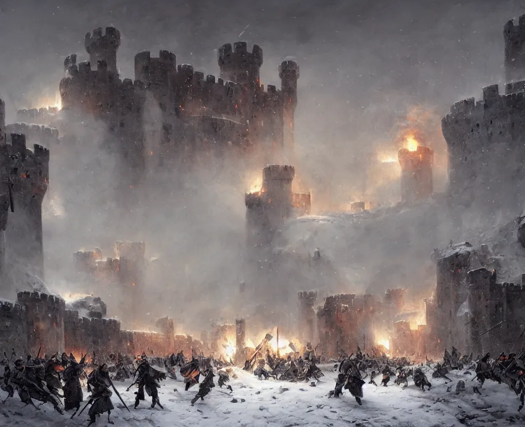 Image similar to Siege of a medieval castle in winter while two great armies face each other fighting below and catapults throw stones at the castle destroying its stone walls, heavy snow storm, fantasy, medieval, fire, explosions and grey smoke here and there, highly detailed, Artstation, oil on canvas painting by greg rutkowski