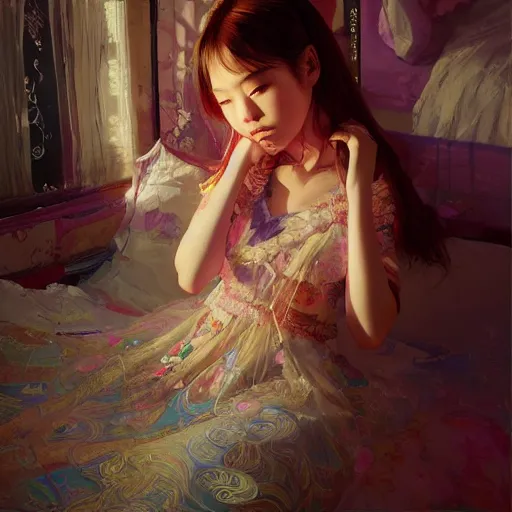 Image similar to beautiful young girl in intricate clothing by ross tran, sleeping in a messy bedroom at night, painted by sana takeda, reflections, very high intricate details, painting by liu xiaodong, digital anime art, medium shot, mid - shot, composition by ilya kuvshinov, backlit, lighting by greg rutkowski