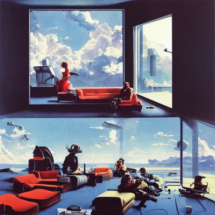 Image similar to a futuristic minimalist lounge room with a big window opening up to a wide open meadow with billowing clouds in the sky. highly detailed science fiction painting by norman rockwell, frank frazetta, and syd mead. rich colors, high contrast, gloomy atmosphere. trending on artstation.