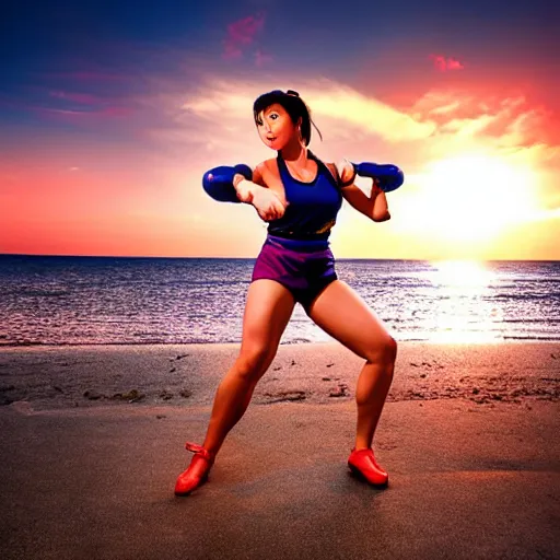 Prompt: photo of Chun Li training at the beach, sunset, solar flare, fine art photography