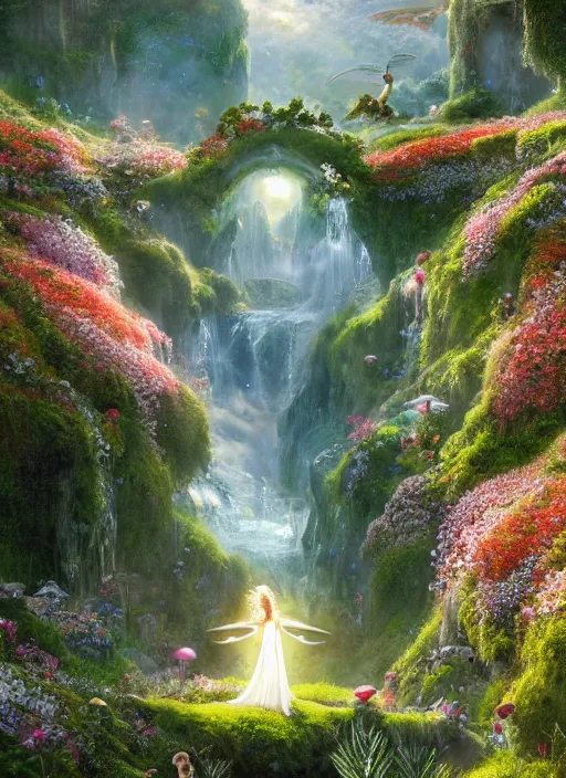 Image similar to an elegant winged fairy flying in the lord of the rings scenery landscape, looking out at a vast lush valley flowers and homes made of mushrooms, stream, sunrise, god's rays highly detailed, vivid color, cinematic lighting, perfect composition, 8 k, gustave dore, derek zabrocki, greg rutkowski, belsinski, octane render