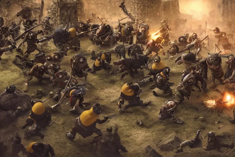 Image similar to diorama of group of minions fighting a group of orcs, setting is bliss wallpaper, realistic, 4 k, detailed, atmospheric, cinematic lighting, octane render, unreal engine render, ray tracing lighting