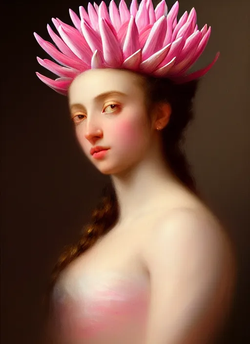 Image similar to stunning colombian godess princess, detailed pink and white protea head peace against a black backdrop by ivan aivazovsky, wlop, super sharp details, photorealism, 5 0 mm lens, oil painting, beautiful soft lighting, muted colours, artstation