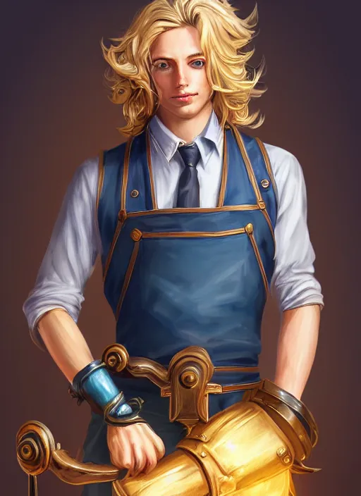 Prompt: a highly detailed illustration of long wavy bright blonde haired effeminate boy wearing blue blacksmith apron and iron mechanical arms, blue eyes, dramatic smiling pose, perfect face, symmetrical eyes, intricate, elegant, highly detailed, centered, digital painting, artstation, concept art, smooth, sharp focus, league of legends concept art, wlop