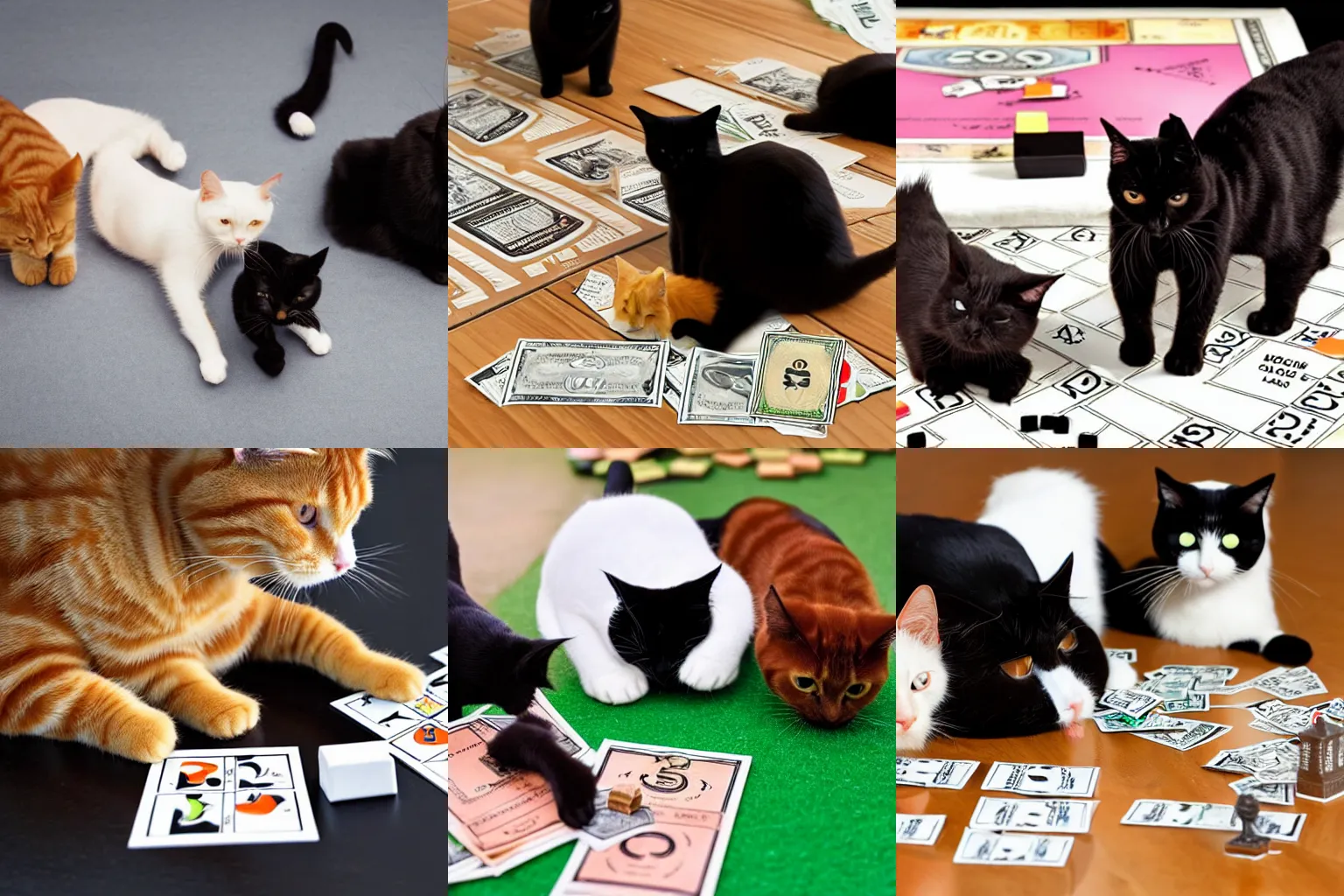 Prompt: A ginger cat, a black cat and a white cat playing monopoly