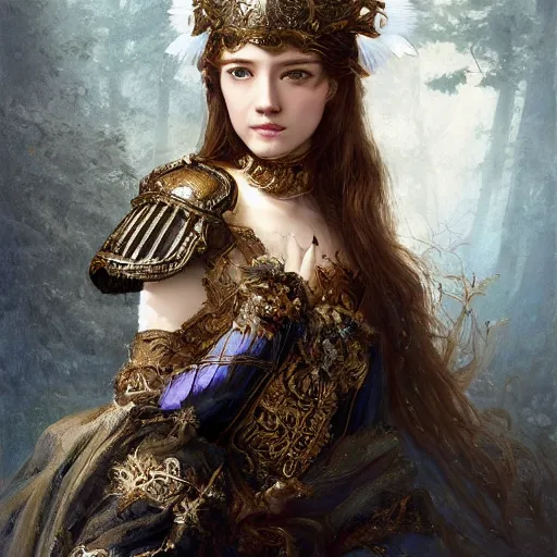 Image similar to A masterpiece ultrarealistic ultradetailed portrait of a Incredibly beautiful angel princess with Royal Tevton Knight Full Iron Helmet mask. baroque renaissance girl in the night forest. medium shot, intricate, elegant, highly detailed. trending on artstation, digital art, by Stanley Artgerm Lau, WLOP, Rossdraws, James Jean, Andrei Riabovitchev, Marc Simonetti, Yoshitaka Amano. background by James Jean and Gustav Klimt, light by Julie Bell, 4k, porcelain skin.