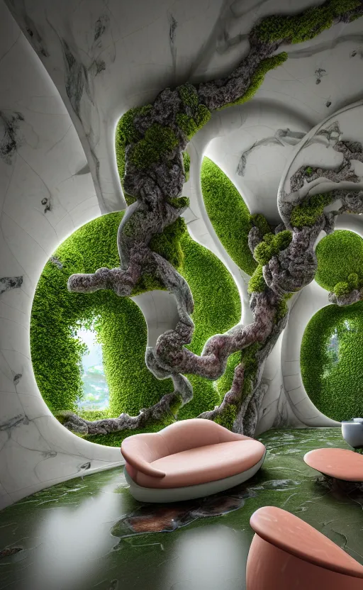 Image similar to highly detailed villa natural beautiful light interior soft cinematic composition of a smooth ceramic porcelain biomorphic magnolia stone nebula fluid sci - fi surreal colorful architecture landscape, furniture, granite, trees, marble, moss, lichen, fungi, vincent callebaut composition, mamou - mani, archviz, 8 k, unreal engine, hdr