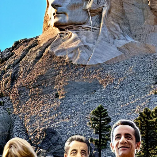 Prompt: beautiful nicolas sarkozy's face is carved into mount rushmore. national geographic, magazine cover, landscape, mountain, sky, daylight