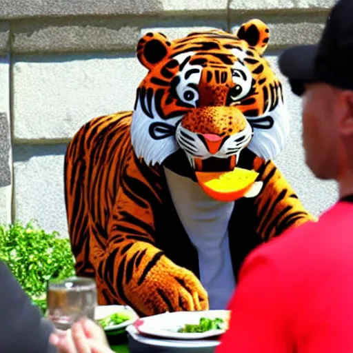 Image similar to tony the tiger eating a juicy steak while people watch