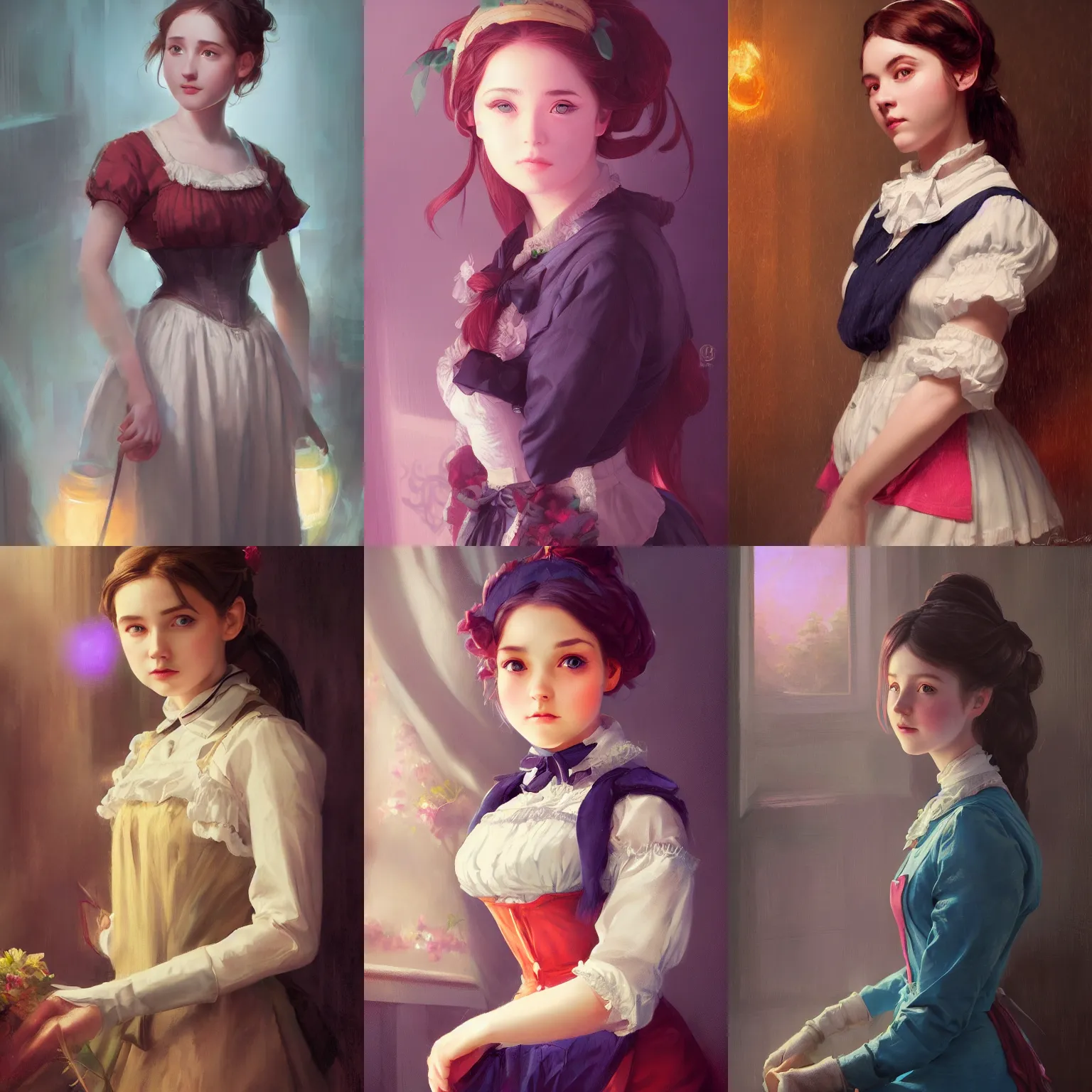 Prompt: a portrait of a cute young female maid, victorian setting, vivid colors, soft lighting, atmospheric, cinematic, moody, in the style of artgerm and greg rutkowski, oil on canvas, 8 k