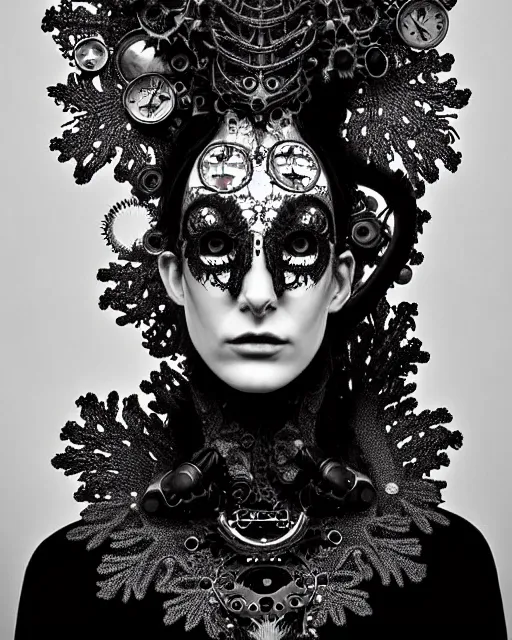 Image similar to surreal dark poetic black and white photo portrait of complex bio-mechanical beautiful young silver female vegetal-cyborg with a Mandelbrot fractal steampunk metal fine lace face, a very long neck and a fine metal floral foliage super big lace collar by Alexander McQueen:: smoke, high fashion, haute couture, rococo, steampunk, silver filigree details, anatomical, facial muscles, cable wires, microchip, elegant, dreamy, foggy atmosphere, hyper realistic, 150 mm lens, soft rim light, octane render, unreal engine, picture was taken in 1910 by Man Ray, volumetric lighting, dramatic light,8k,