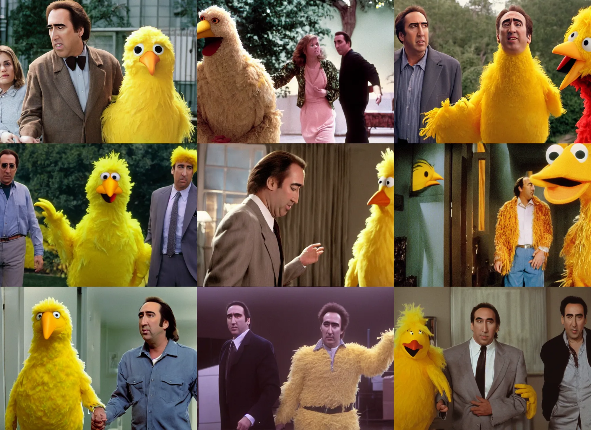 Prompt: film still big bird and nicholas cage holding hands