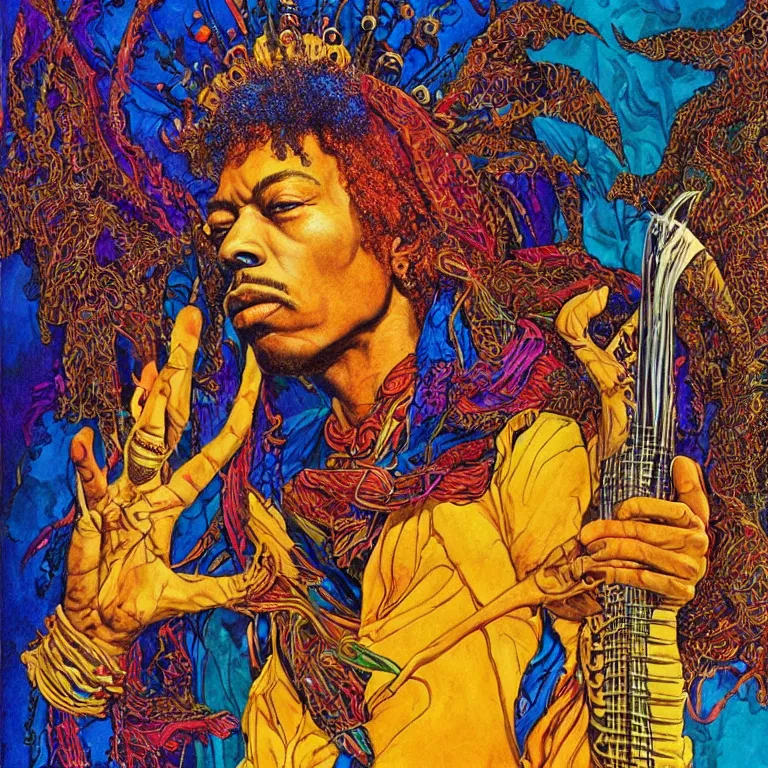 Prompt: colorfull artwork by Franklin Booth and Mati Klarwein showing a portrait of Jimi Hendrix as a futuristic space shaman