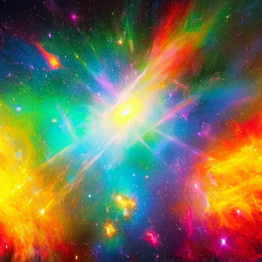 Prompt: highly detailed 8k oil painting of the celestial glowing God of random numbers and infinity quasar, misty, epic composition, neon colors, trending