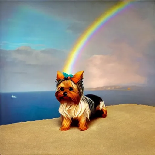 Prompt: Yorkshire Terrier under a rainbow in Santorini in the style of Lady with an Ermine, head and shoulders portrait, stormy weather, extremely detailed masterpiece, oil on canvas, low-key neon lighting, artstation, Blade Runner 2049, Roger Deakin’s cinematography, by J. C. Leyendecker and Peter Paul Rubens and Edward Hopper and Michael Sowa,