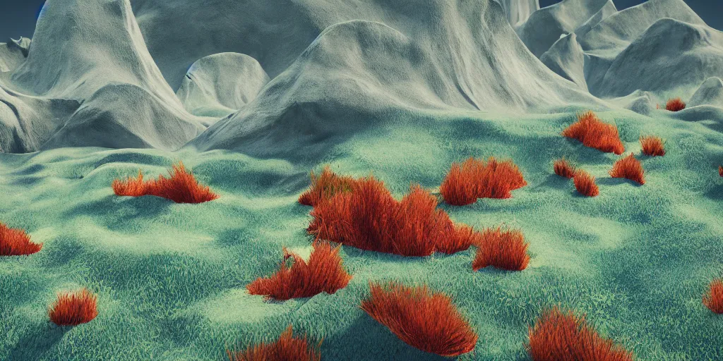 Image similar to abstract 3d landscape painting with vegetation by zaha hadid in no mans sky style, redshift, octane