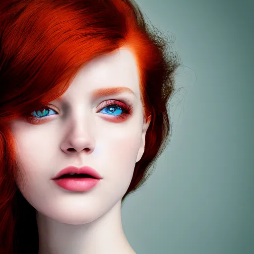 Prompt: A beautiful redhead, sweet, green eyes, seductive expression, modelsociety, raytracing, studio lighting, slight imperfections, intricate, Sony a7R IV, symmetric balance, polarizing filter, Photolab, Lightroom, 4K, Dolby Vision, Photography Award