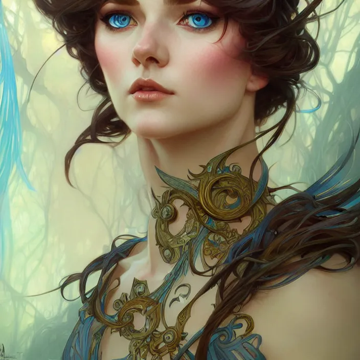 Image similar to Portrait of fairy woman, D&D, blue eyes, face, fantasy, intricate, elegant, highly detailed, digital painting, artstation, concept art, smooth, sharp focus, illustration, art by artgerm and greg rutkowski and alphonse mucha