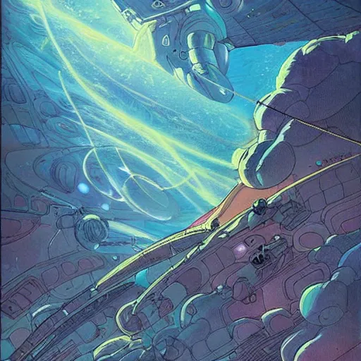 Prompt: a beautiful epic painting of giant turtle spaceships in the style of Moebius and Pascal Blanché