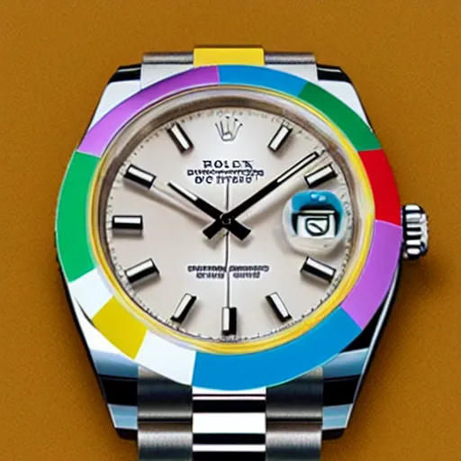 Image similar to Rolex Datejust baby toy made of colorful plastic by Fisher Price, close up, photo