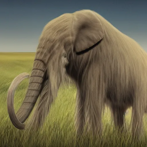 Prompt: ancestral memory of an albino mammoth lurching through the grass, too stunned and reverent to throw your spear, the beast in transit like an ancient cloud