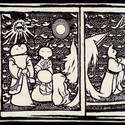 Image similar to Kyubey in the style of Japanese and European woodcuts