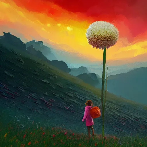 Image similar to giant daisy flower head, girl hiking in the mountains, surreal photography, sunrise, dramatic light, impressionist painting, colorful clouds, digital painting, artstation, simon stalenhag