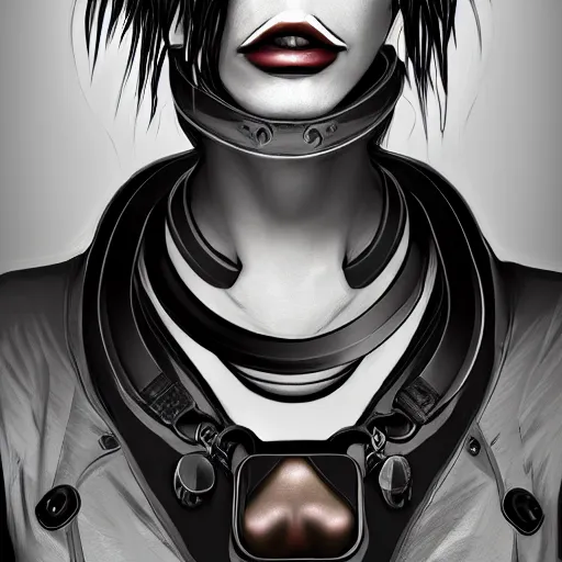 Image similar to detailed realistic female character cyberpunk wearing thick technological collar around neck, realistic, art, beautiful, 4K, collar, choker, collar around neck, punk, artstation, detailed, female, woman, choker, cyberpunk, neon, punk, collar, choker, collar around neck, thick collar, tight around neck, punk,