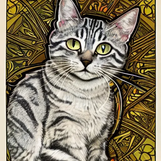 Prompt: gray tabby cat highly detailed in the style of Alphonse Mucha