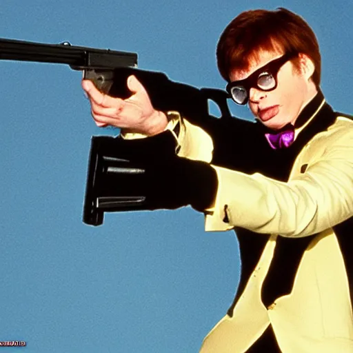 Image similar to austin powers shooting an ak - 4 7, photography, movie,